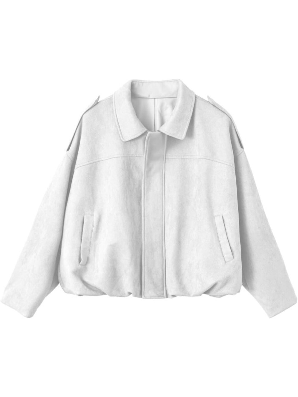 Women's White Faux Suede Cropped Bomber Jacket Long Sleeve Zip Up Coat
